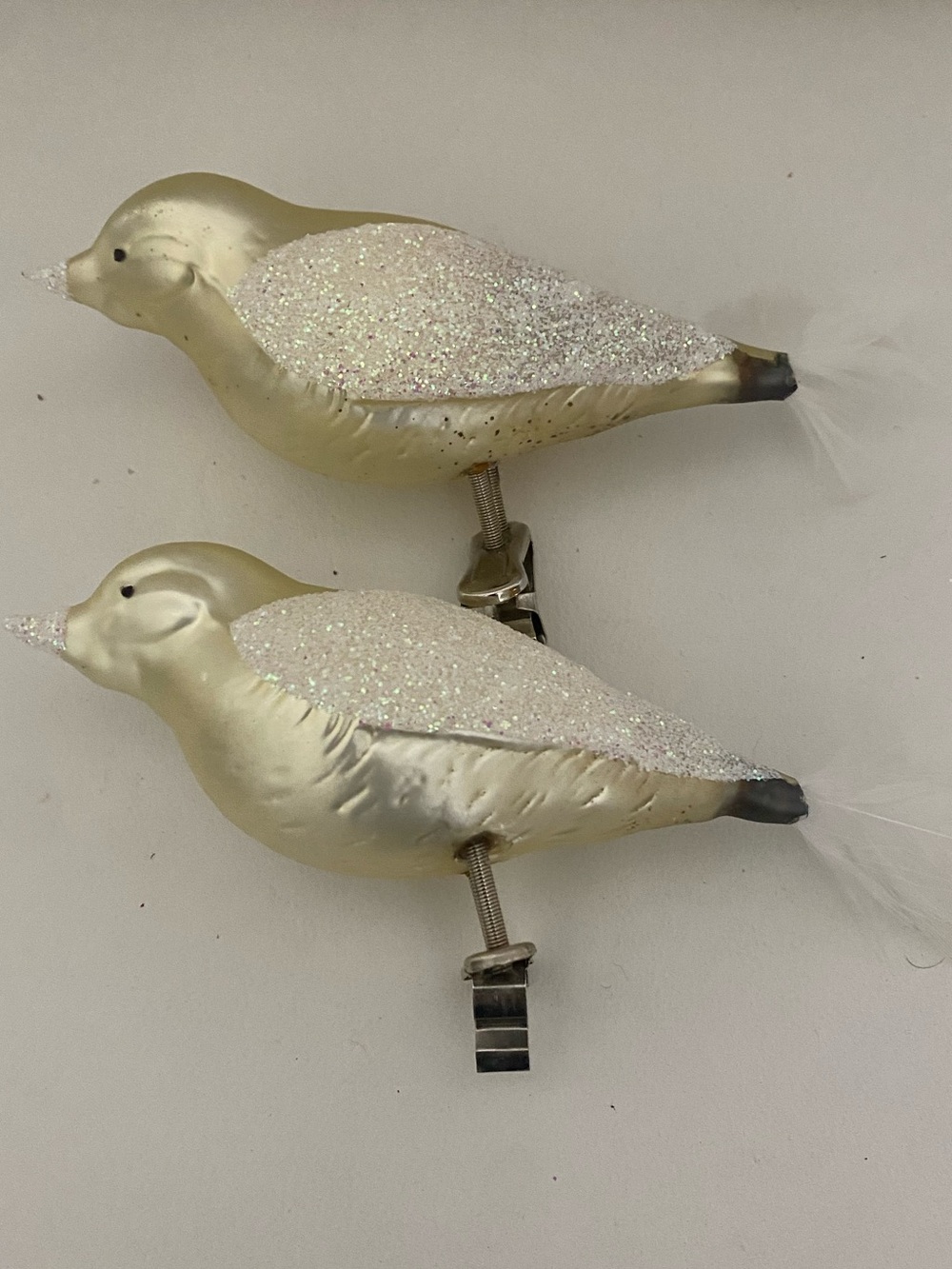 Vintage Blown Glass Clip-On Bird Christmas Ornaments • Champagne Mercury Glass